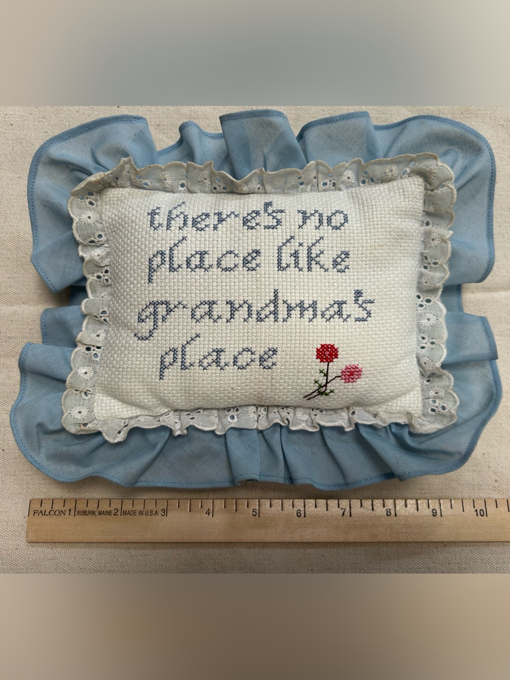‘There's No Place Like Grandma's Place' Blue Cross-Stitch Pillow, 10” end to end